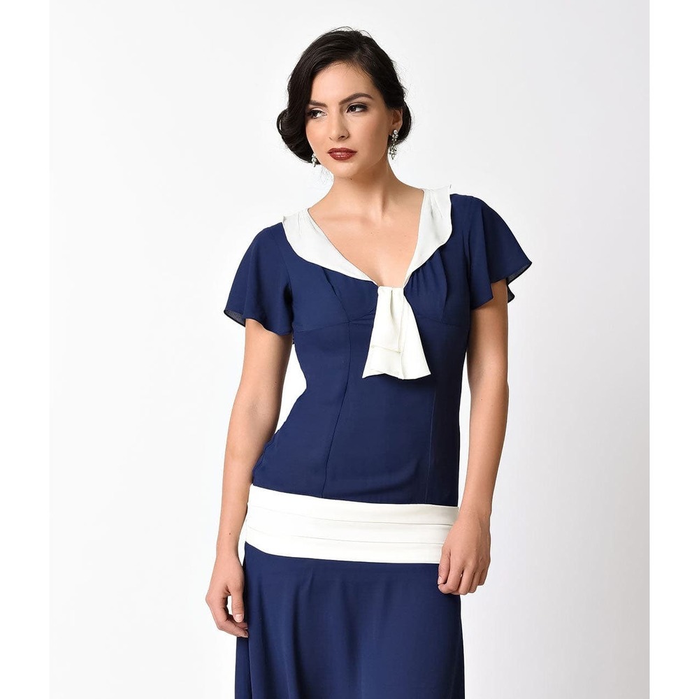 Unique Vintage 1920s Navy Blue & Ivory Wilshire Flapper Day Dress Size Small/4